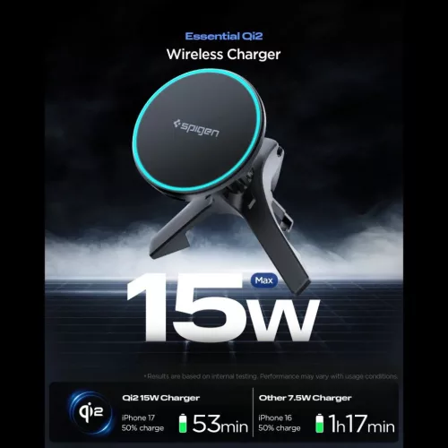 SPIGEN EV15MAQ ESSENTIAL MAGNETIKUS MAGSAFE AUTÓS TELEFONTARTÓ VEZETÉK NÉLKÜLI TÖLTŐ 15W Qi2 FEKETE