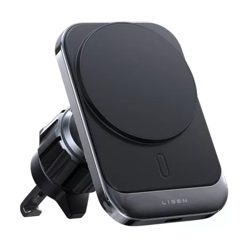 Lisen Autós tartó vezeték nélküli töltéssel (YL0223070009) - MagSafe, szellőzőrácsra, négyzet alakú, egygombos kioldás, 15W - Fekete