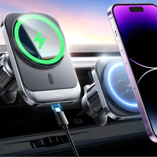Lisen Autós tartó vezeték nélküli töltéssel (YL0223070009) - MagSafe, szellőzőrácsra, négyzet alakú, egygombos kioldás, 15W - Fekete