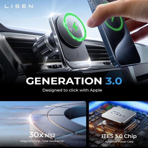 Lisen Autós tartó vezeték nélküli töltéssel (YL0223070009) - MagSafe, szellőzőrácsra, négyzet alakú, egygombos kioldás, 15W - Fekete