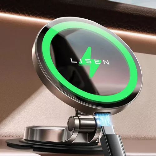 Univerzális Autós tartó Lisen vezeték nélküli töltéssel (YL0223090006) - Mágneses, műszerfalra, elegáns, 15W - Fekete