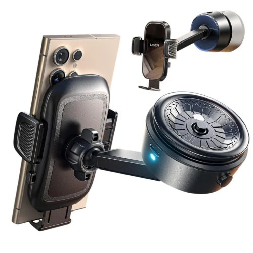 Lisen - Autós tartó A680 (YL0225010007) - műszerfalra, asztalra, elektromos tapadókorong, 360°-os forgás, karos szorítószerkezet, 130mAh - fekete