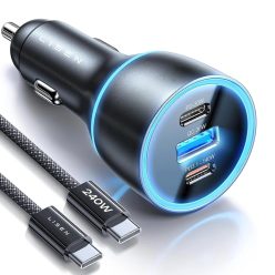  Autós Töltő Lisen YL0224010001 - Type-C Kábellel, USB, 2x Type-C, 170W, GaN, Gyors Töltés, 12V=24V - Fekete