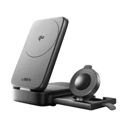   Lisen Wireless Charger W106 (YL0424120009) - MagSafe, Gyors töltés, 3 az 1-ben, Qi2, Összecsukható, Erős tartás, 15W - Szürke