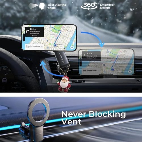 Lisen Autós Tartó (YL0224050012) - Mágneses fogás, légbeömlőre, összecsukható, 360°-ban állítható, biztos illeszkedés - Fekete