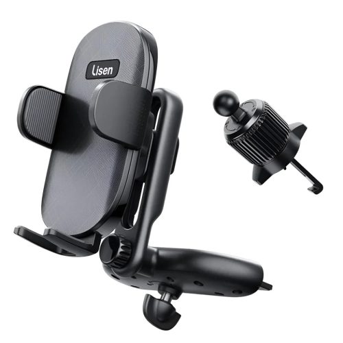 Lisen Autós Tartó (YL0222040016) - Légbefúvóra, CD-nyílásba, 2 az 1-ben, Univerzális, Több irányban állítható, Biztonságos rögzítés - Fekete