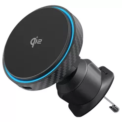   Car Holder Proove - Vezeték nélküli töltővel Grafit Kör (WHGC15010001) - Szellőzőrácshoz, Qi2, 15W, LED jelző - Fekete