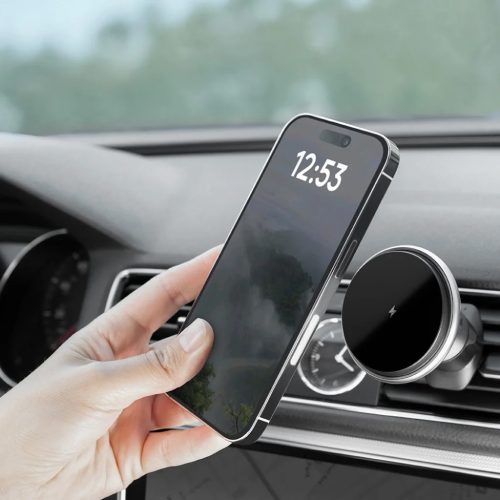 Proove Autós tartó vezeték nélküli töltéssel Magic Circle (WHMC15020006) - légbeömlőre, mágneses, cink ötvözet, 15W - Ezüst