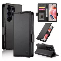   Samsung Galaxy S26 Ultra oldalsó kapcsos, mágneses matt bőr fliptok, tok (fekete)