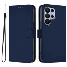 Samsung Galaxy S26 Ultra bőrhatású telefontok csuklópánttal – sötétkék