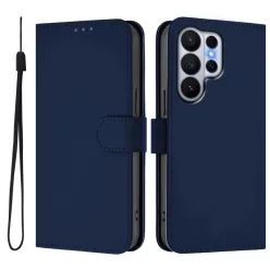  Samsung Galaxy S26 Ultra bőrhatású telefontok csuklópánttal – sötétkék