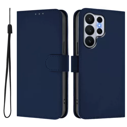 Samsung Galaxy S26 Ultra bőrhatású telefontok csuklópánttal – sötétkék