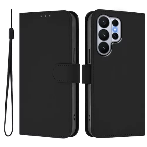 Samsung Galaxy S26 Ultra bőrhatású telefontok csuklópánttal – fekete