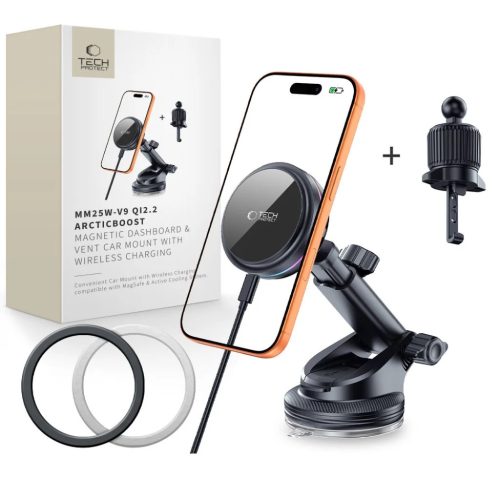 Tech-Protect V9 Arcticboost Magnetic Magsafe Műszerfal & Szellőző Autós Tartó Vezeték Nélküli Töltő 25W Qi2.2 Fekete