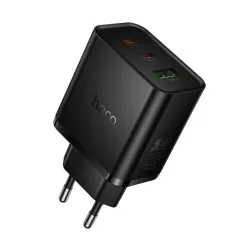   Hoco 2x USB C + USB A QC3.0 PD 3A 65W N75 fekete hálózati USB-C töltő adapter