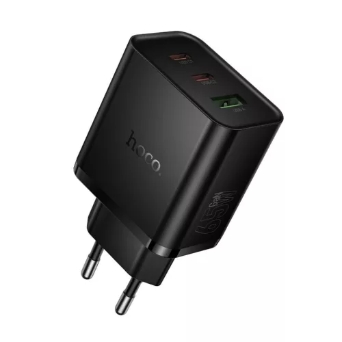Hoco 2x USB C + USB A QC3.0 PD 3A 65W N75 fekete hálózati USB-C töltő adapter