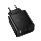 Hoco 2x USB C + USB A QC3.0 PD 3A 65W N75 fekete hálózati USB-C töltő adapter