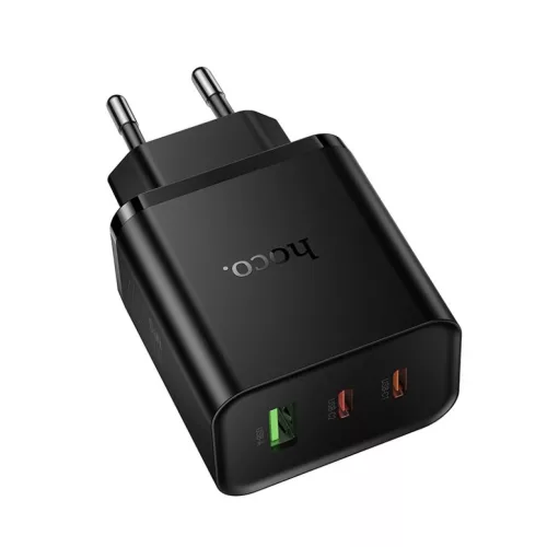 Hoco 2x USB C + USB A QC3.0 PD 3A 65W N75 fekete hálózati USB-C töltő adapter