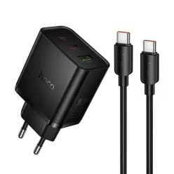   Hoco 2x USB C + USB A QC3.0 PD 3A 65W hálózati töltő adapter + adatkábel USB C - USB C N75 fekete