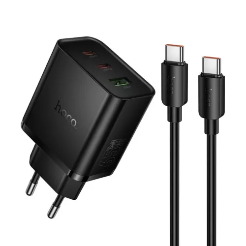 Hoco 2x USB C + USB A QC3.0 PD 3A 65W hálózati töltő adapter + adatkábel USB C - USB C N75 fekete