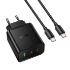 Hoco 2x USB C + USB A QC3.0 PD 3A 65W hálózati töltő adapter + adatkábel USB C - USB C N75 fekete