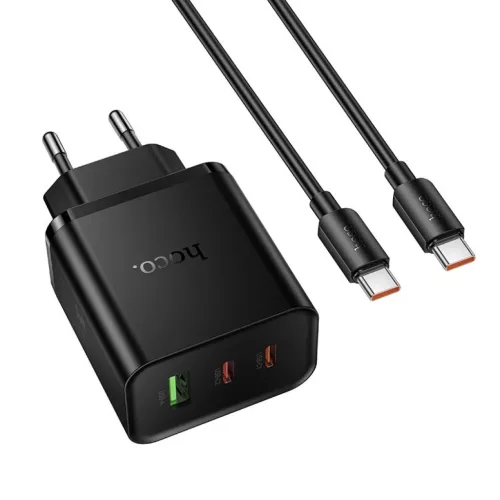 Hoco 2x USB C + USB A QC3.0 PD 3A 65W hálózati töltő adapter + adatkábel USB C - USB C N75 fekete