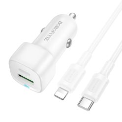   Borofone Autós töltő BZ34B Cloud - USB + Type C - QC 3.0 PD 38W Type C-Lightning kábellel fehér