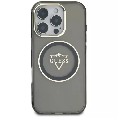 iPhone 16 Pro fekete Guess IML Metal Mountain Logo MagSafe tok