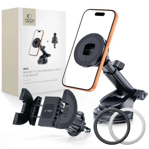 Tech-Protect N62 2 az 1-ben Univerzális és Mágneses Magsafe Műszerfalra és Szellőzőrácsra szerelhető autós tartó Fekete