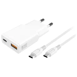   4smarts PDPlug Slim Duos 20W GaN USB-C+USB-A hálózati töltőadapter + 1,5 m USB-C kábel fehér