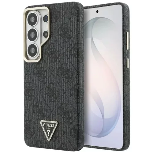 Samsung Galaxy S26 Ultra Fekete Guess PU Bőr 4G Strassz Háromszög Logó Arany Keret Mágneses Tok
