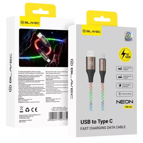 Blavec Kábel Neon - USB to Type-C - QC 3.0 60W 3A 1 méter (CNE-UC3L1) világító RGB
