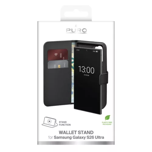 Puro Eco-Bőrtok Samsung Galaxy S26 Ultra-hoz pénztárcával - Fekete tok
