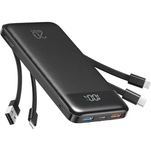 Charmast W1148 Powerbank 5V 3A 10000 mAh beépített kábelekkel USB A / USB C / Lightning / Micro USB fekete