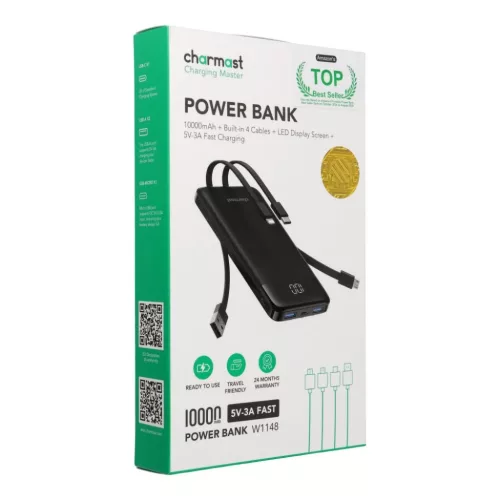 Charmast W1148 Powerbank 5V 3A 10000 mAh beépített kábelekkel USB A / USB C / Lightning / Micro USB fekete