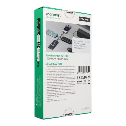 Charmast W1148 Powerbank 5V 3A 10000 mAh beépített kábelekkel USB A / USB C / Lightning / Micro USB fekete