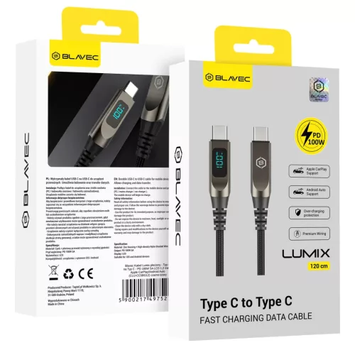 Blavec Kabel Lumix sodrott - Type-C - PD 100W 5A LED kijelző 1,2 méter Apple CarPlay/Android Auto (CLU-CC5BG12) fekete-szürke