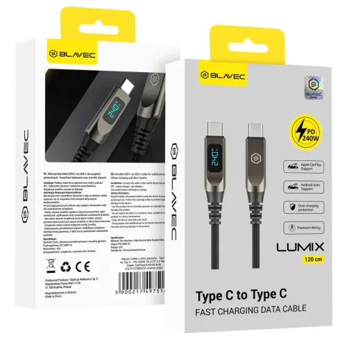 Blavec Lumix Fonott Fliptok - Type-C a Type-C - PD 240W 5A LED kijelző 1,2 méter Apple CarPlay/Android Auto (CLU-CC5BG12) fekete-szürke,