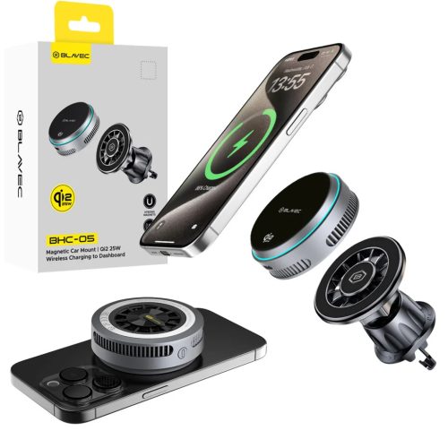 Blavec Car holder BHC-05 Qi2.2 25W mágnesesen levehető indukciós töltéssel és aktív hűtéssel a légbeömlőre (BHC05-MWIB) fekete