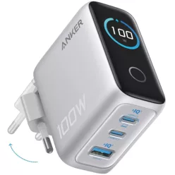   Anker Smart Display Hálózati töltő, 100W, 5A, 1 x USB-A - 2 x USB-C, USB-C kábellel, Ezüst B121BG41