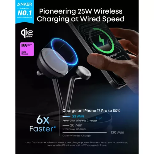Anker Prime MagGo AirCool 3in1 vezeték nélküli töltő, 25W, fekete B25X7G11