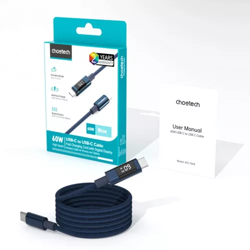 PD60W USB-C to USB-C Digitális Kijelzős 1.2m Nylon Kábel - kék