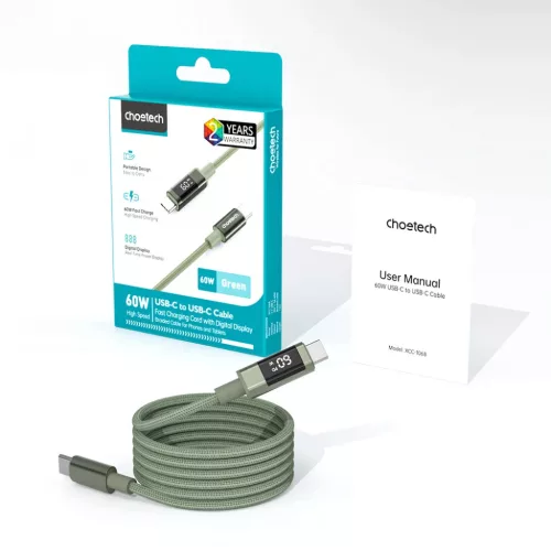 PD60W USB-C to USB-C Digitális Kijelző 1,2m Nylon Kábel - zöld