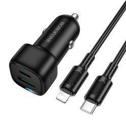   Borofone autós töltő BZ34B Cloud - USB + Type C - QC 3.0 PD 38W Type C - Lightning kábellel fekete