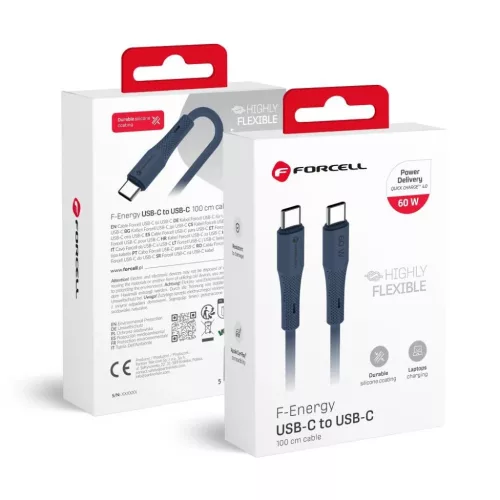 Forcell F-Energy QC4.0 PD 3A 60W Szilikon 1 m C344 sötétkék USB-C kábel