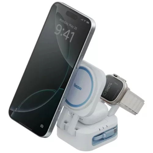 Töltőállomás Bazic GoMag Station Mini 3-in-1 MagSafe összecsukható beépített USB-C kábellel - fehér