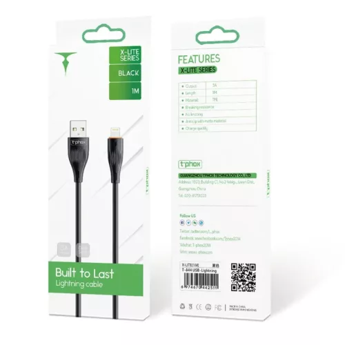 T-PHOX X-LITE Lightning kábel fekete 1m 3A