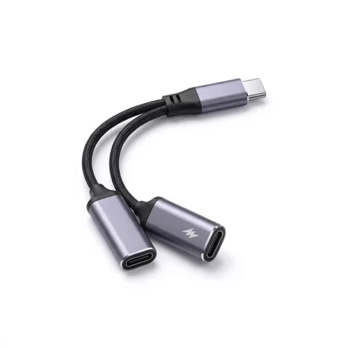 AUX 2 az 1-ben Type-C (apa) – Type-C (anya) / Type-C (anya) adapter Blue Star fekete [DAC] – max. 25 W töltés