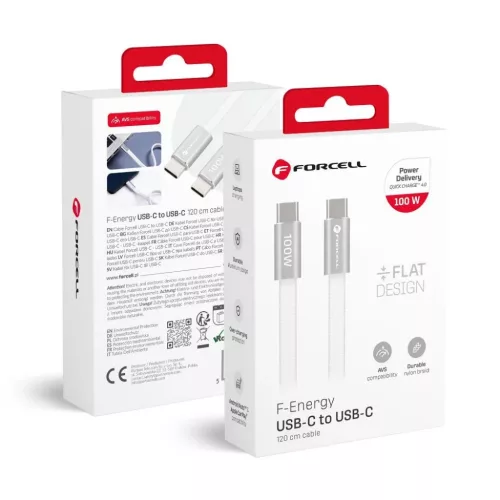 Forcell F-Energy QC4.0 PD 5A 100W Cafule Flat USB-C - USB-C kábel 1,2 m CCFN23 fehér