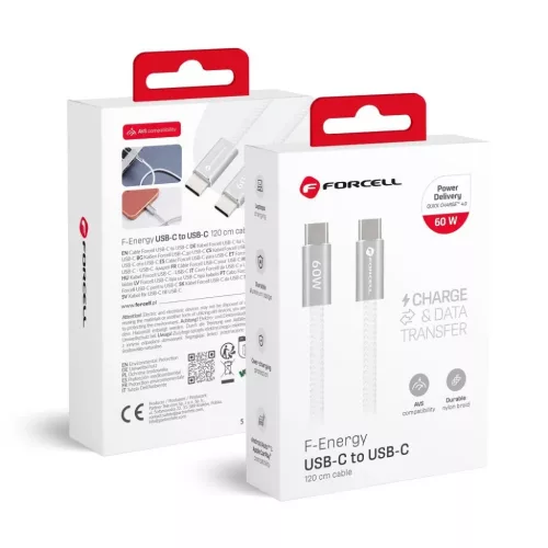 USB-C–USB-C Forcell F-Energy QC4.0 PD 3A 60W Cafule Flat 1,2 m CCFN23 fehér kábel